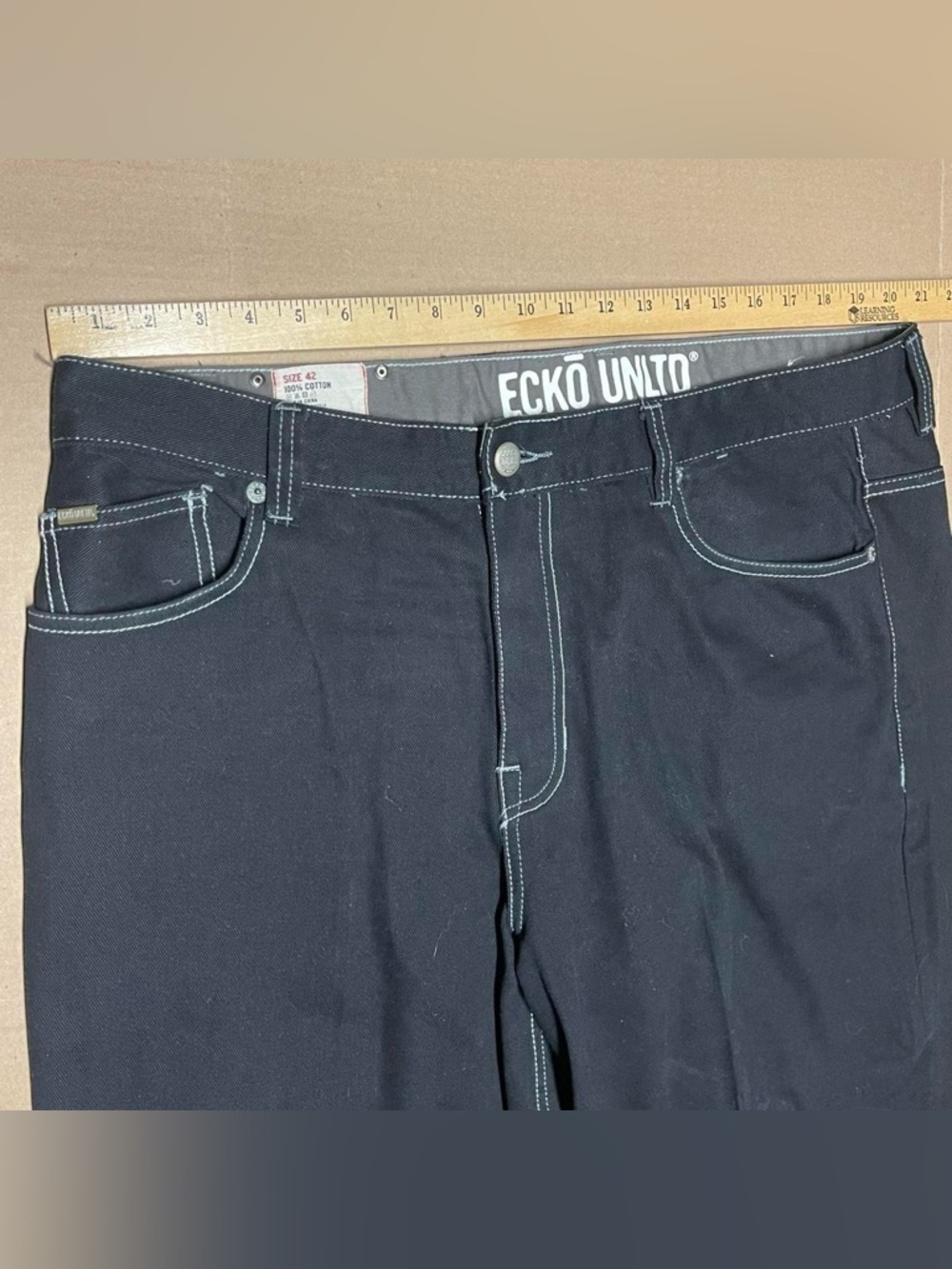 Ecko Unltd Jeans Mens 42x28 Black Denim Loose Fit Embroidered Pockets Baggy Y2K - Picture 7 of 10